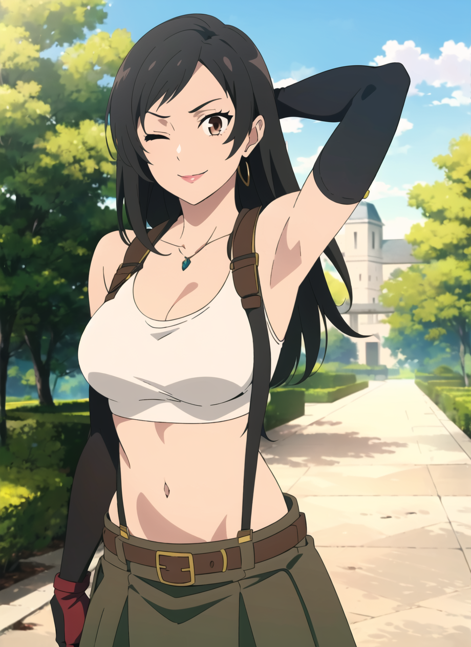 3978531703-1713651872-mushoku tensei style, anime coloring, tifa lockhart, 1girl, thick lips, arm up, armpits, artist name, belt, black hair, breasts,.png